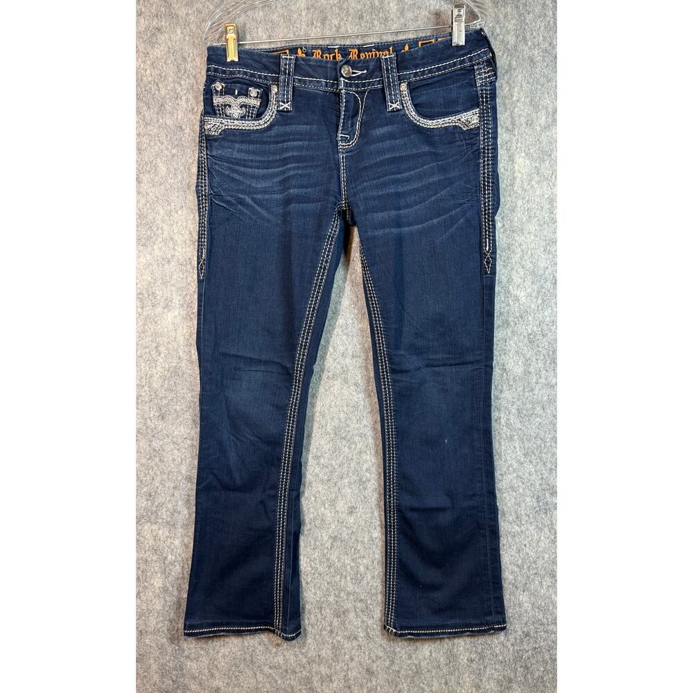 Rock Revival Womens Size 27 Amanda Stretch Easy Boot Blue Jeans Fleur De Lis